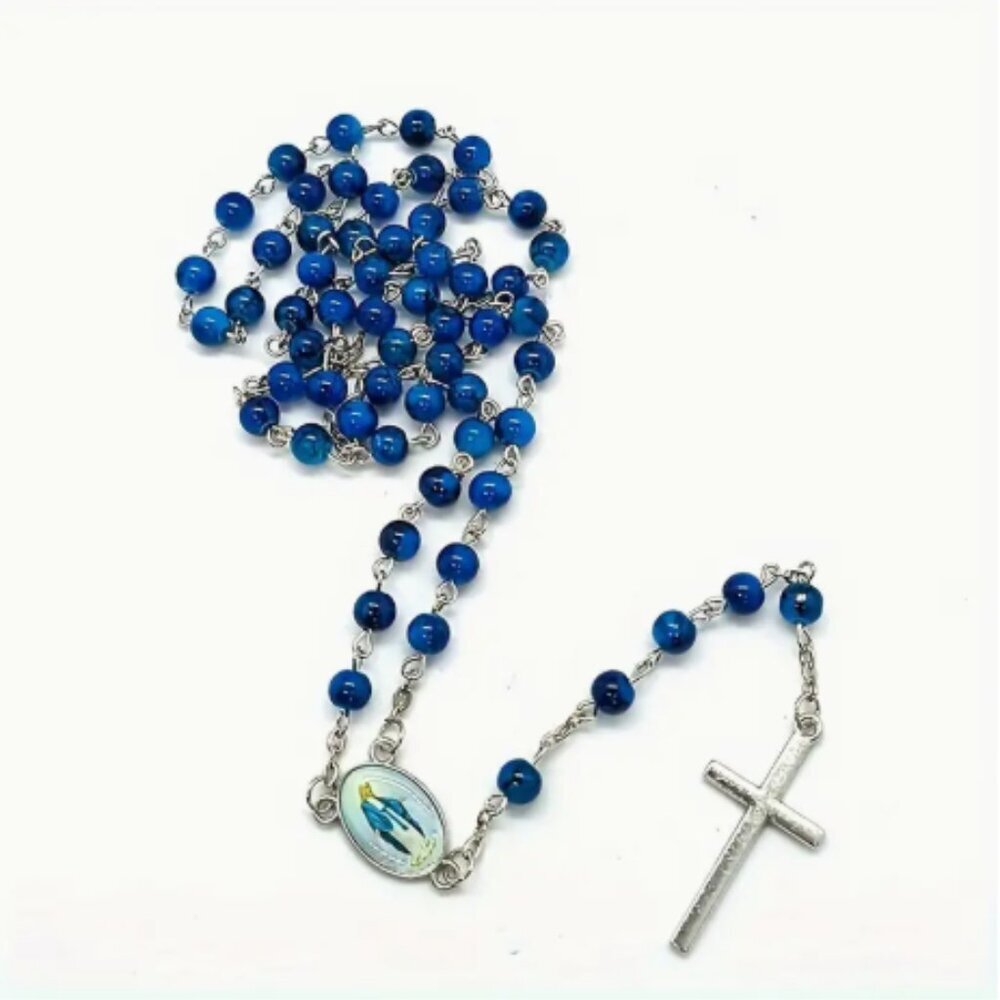 Rosary Necklace Blue 6mm Beads with Silver Crucifix & Mother Mary NWT